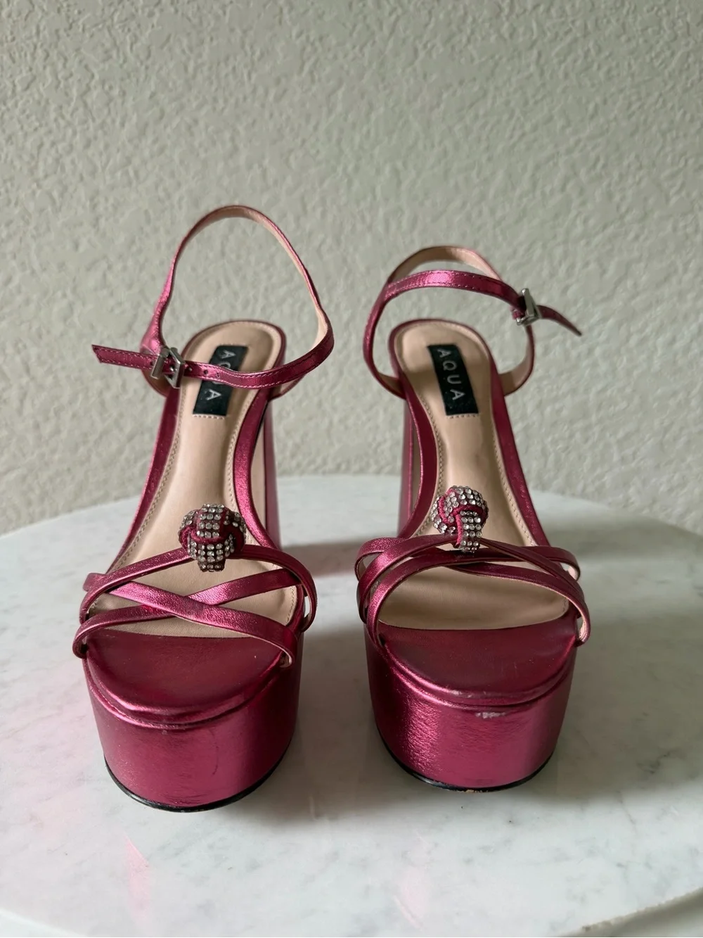 AQUA Metallic Pink Rhinestone Knot Platform Heels Size 7B Y2K-style